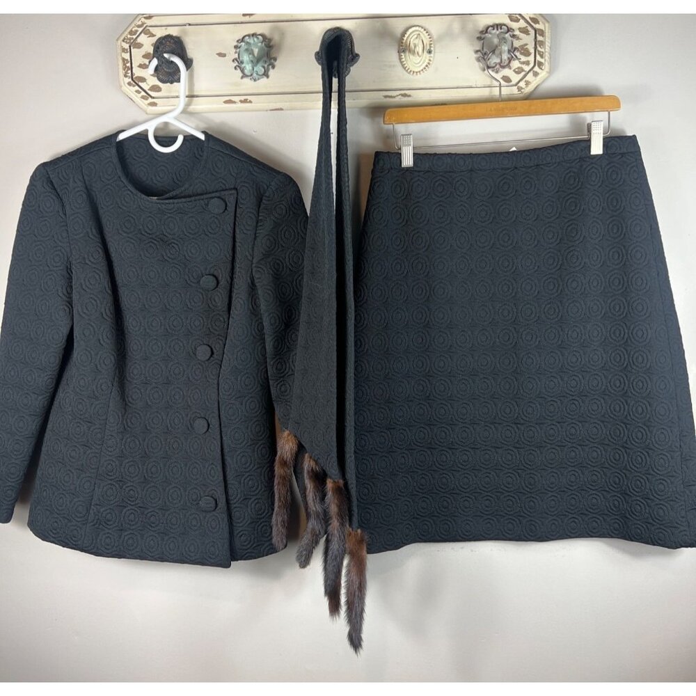 Vintage 3 pc Skirt Gray Suit Blazer Skirt Scarf w/ Mink Fur Tails Trim 12